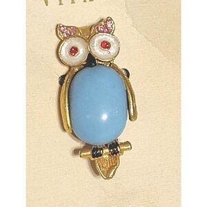 VITALI Owl Brooch Blue Cabachon & Rhinestones Gold Plated Pin 60s Original Card
